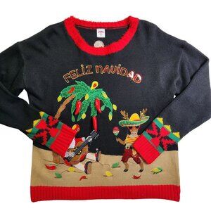 Holiday Time Feliz Navidad Christmas Sweater S/CH 4-6 Black Knit With Festive Sa